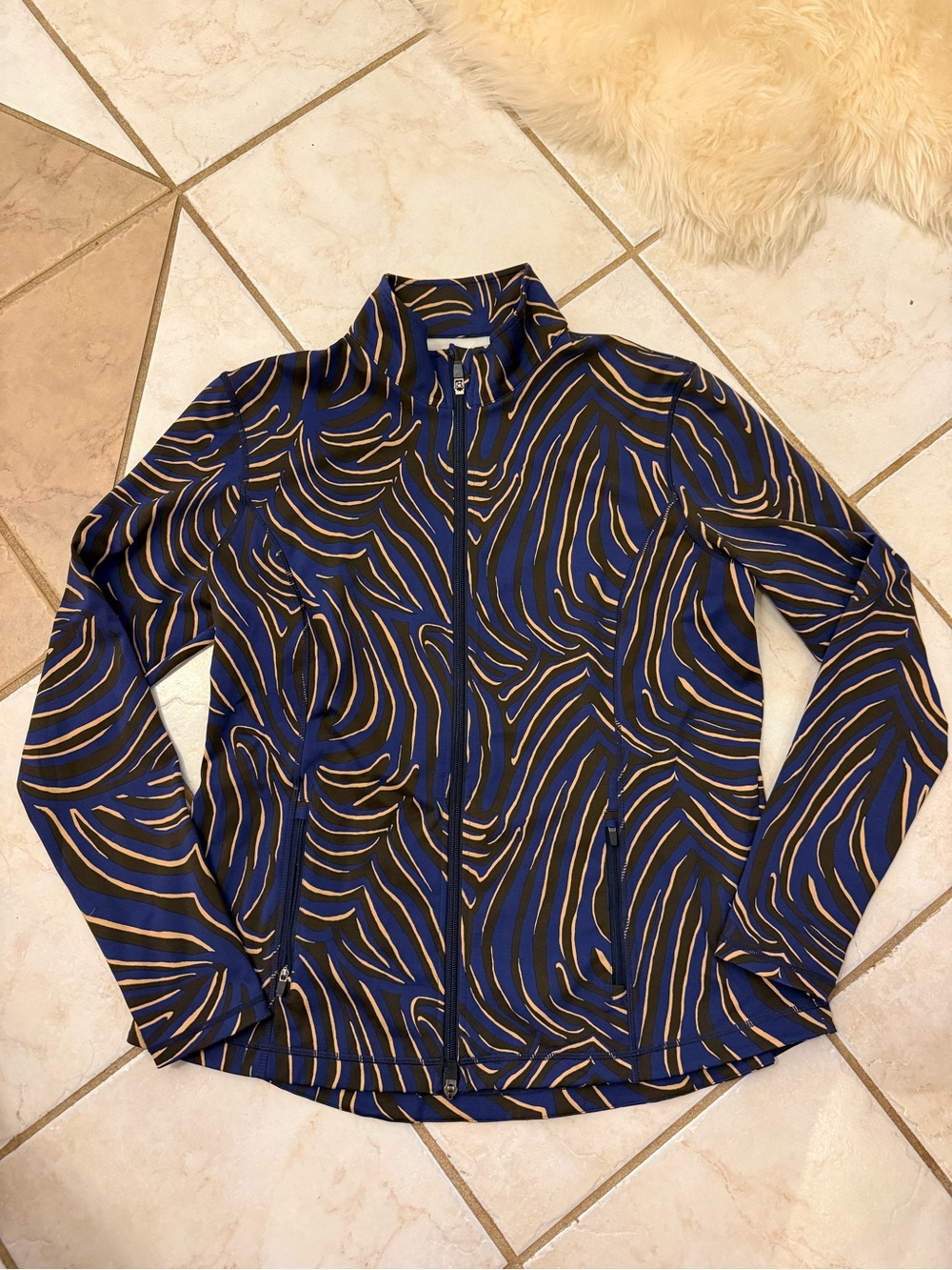 J McLaughlin Abstract Stripe Zip Jacket in Navy & Tan